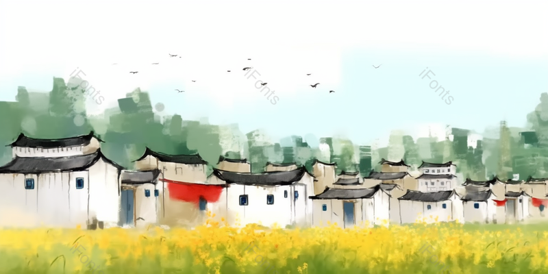 春天油菜花盛开江南乡村风景画水彩插画,插画/手绘图,插画/手绘图库,插画/手绘图下载,插画/手绘